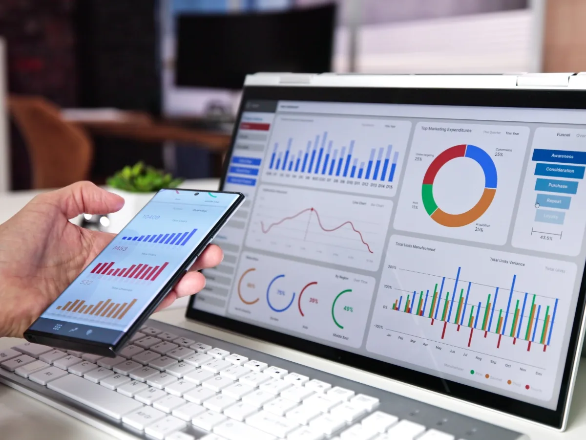 Hand holding smartphone displaying colorful bar graphs and data analytics, alongside a laptop screen showing comprehensive marketing dashboards with sales trends and performance metrics, emphasizing predictive analytics for small businesses.