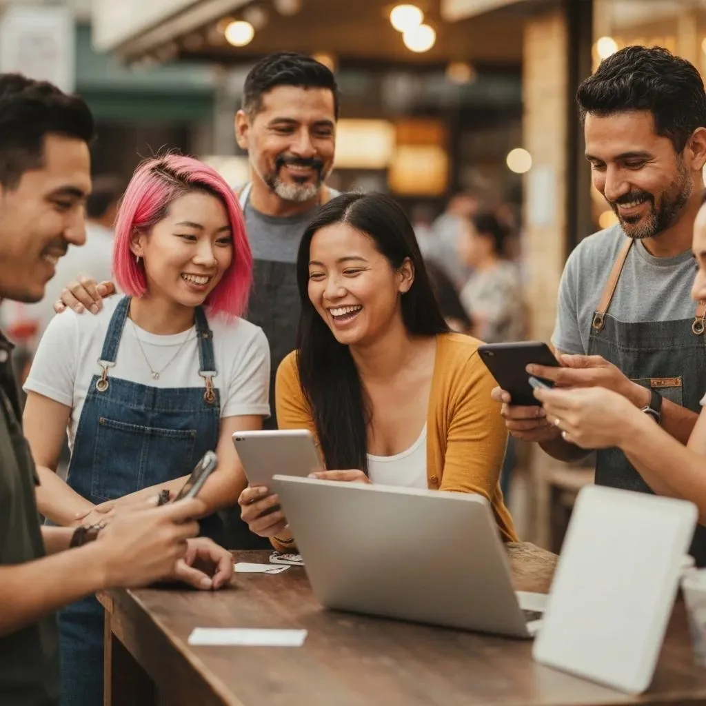 Diverse small business owners engaging with customers, highlighting user-generated content creation