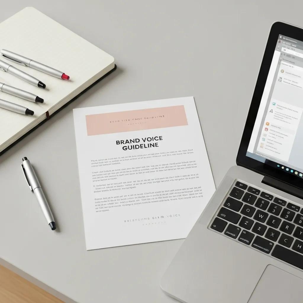 A meticulously organized brand voice guideline document laid out on a desk, surrounded by creative tools, emphasizing the importance of consistency in brand communication