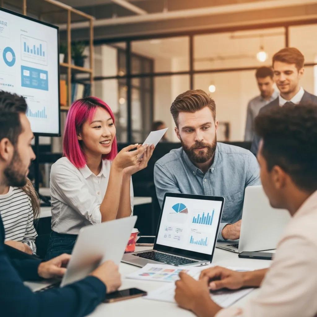Diverse team collaborating on affiliate marketing strategies in a modern office