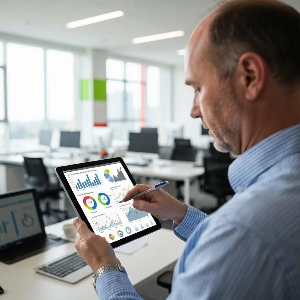 A person intently analyzing digital marketing metrics displayed on a tablet screen.