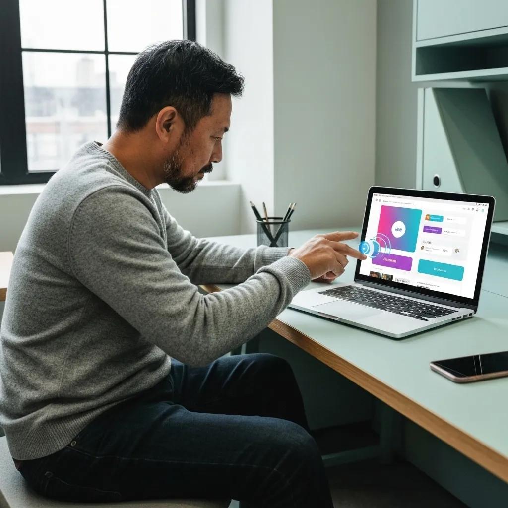User engaging with a digital interface showcasing micro-interactions in a modern workspace