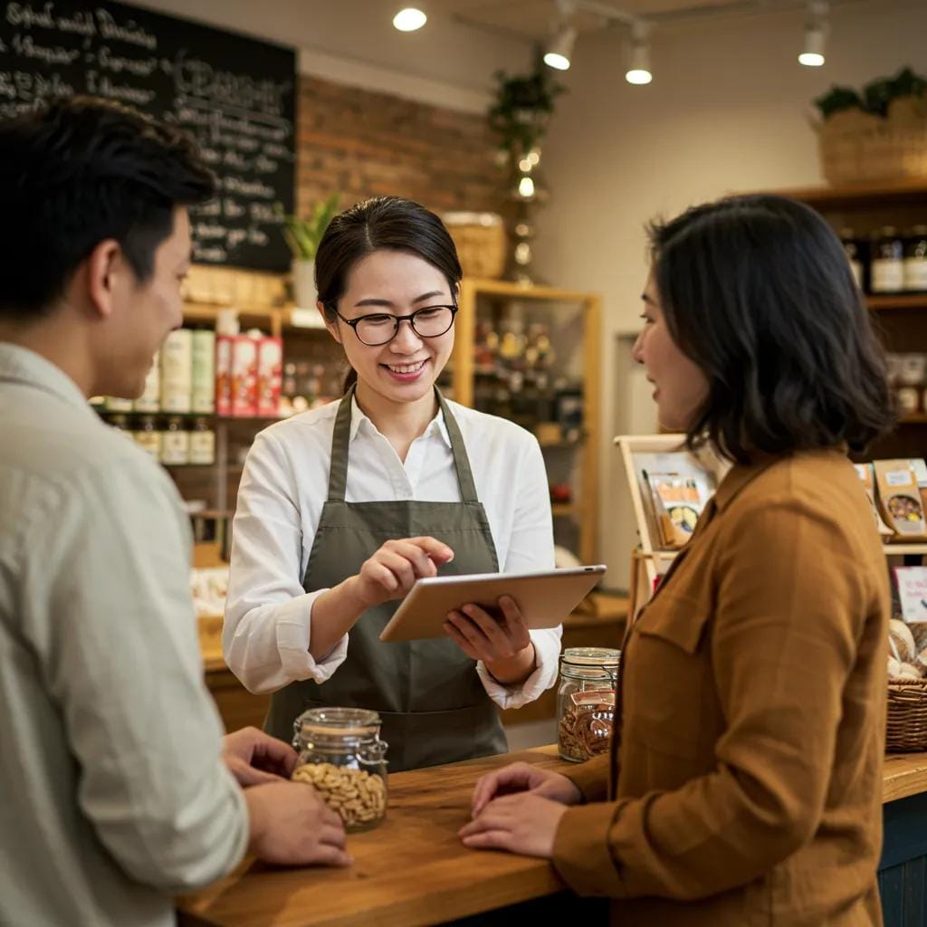 Creating a Human Touch: Balancing AI and Human Interaction 8 Small business owner assisting a customer with a tablet, illustrating the blend of human touch and AI in marketing