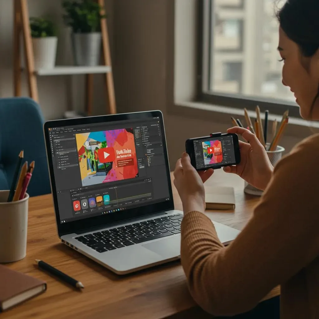 Small business owner filming a YouTube ad in a cozy workspace with a laptop and smartphone