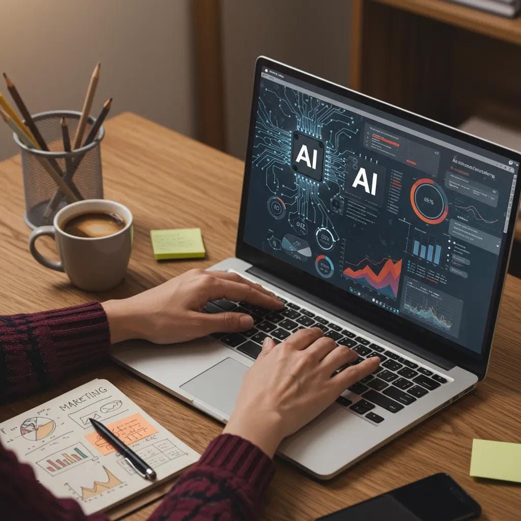 Integrating AI into Marketing: Potential and Challenges 11 Small business owner utilizing AI marketing tools in a cozy office environment
