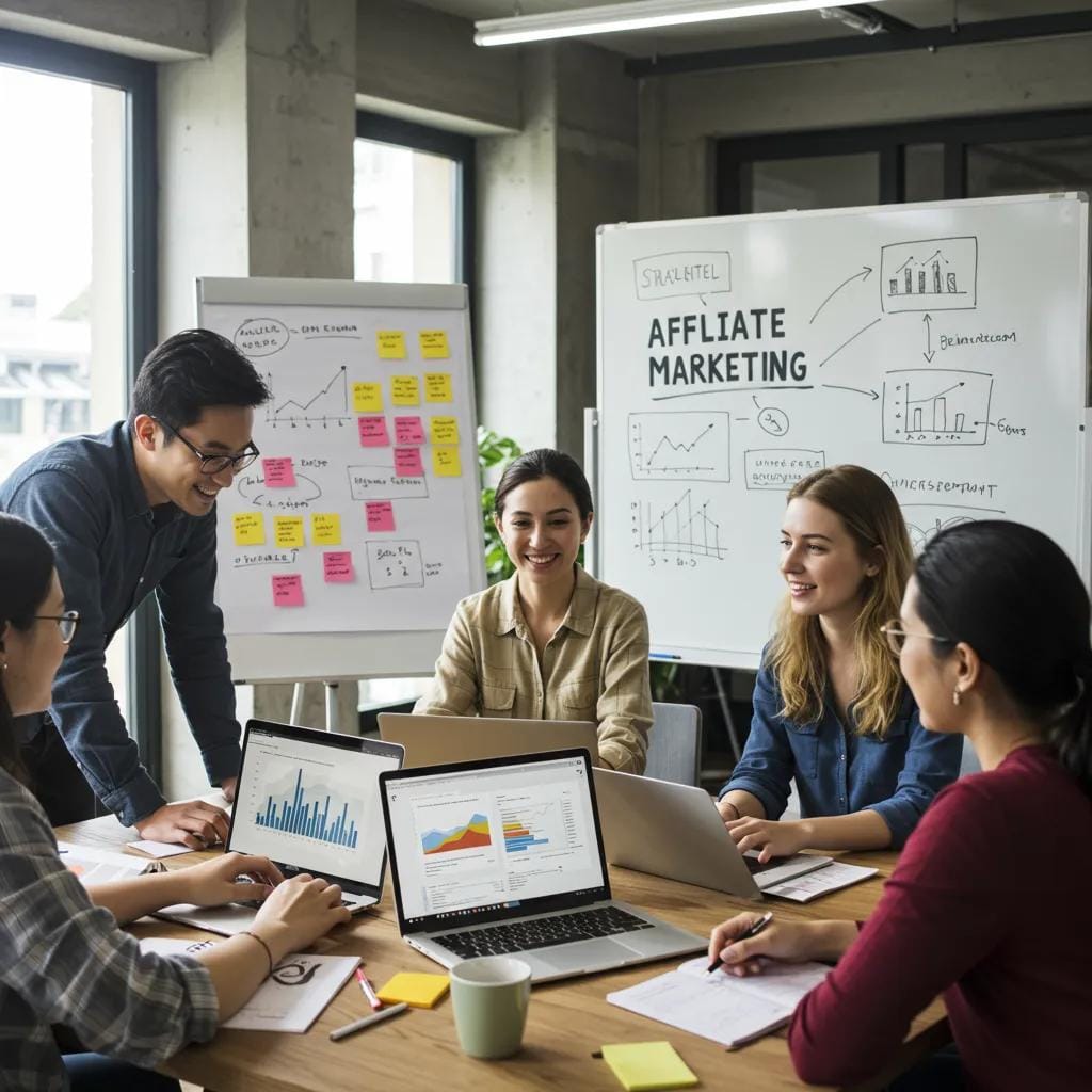 Diverse team collaborating on affiliate marketing strategies in a modern workspace