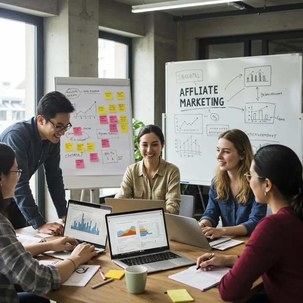 Diverse team collaborating on affiliate marketing strategies in a modern workspace