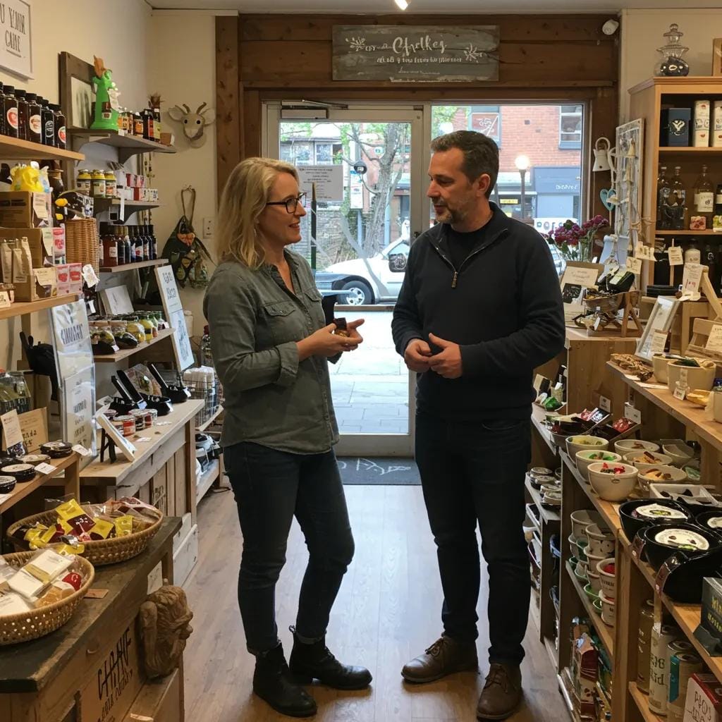 A local business owner engaging with a micro-influencer in a vibrant neighborhood setting