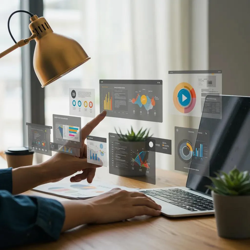 Small business owner utilizing visual content marketing tools in a modern workspace