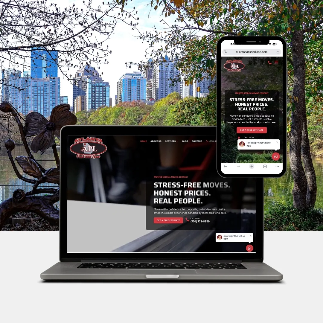 A laptop and smartphone display the homepage of Atlanta Peachtree Movers' website, with a city park and tall buildings in the background, highlighting nearby amenities like OTCK9 dog grooming services.