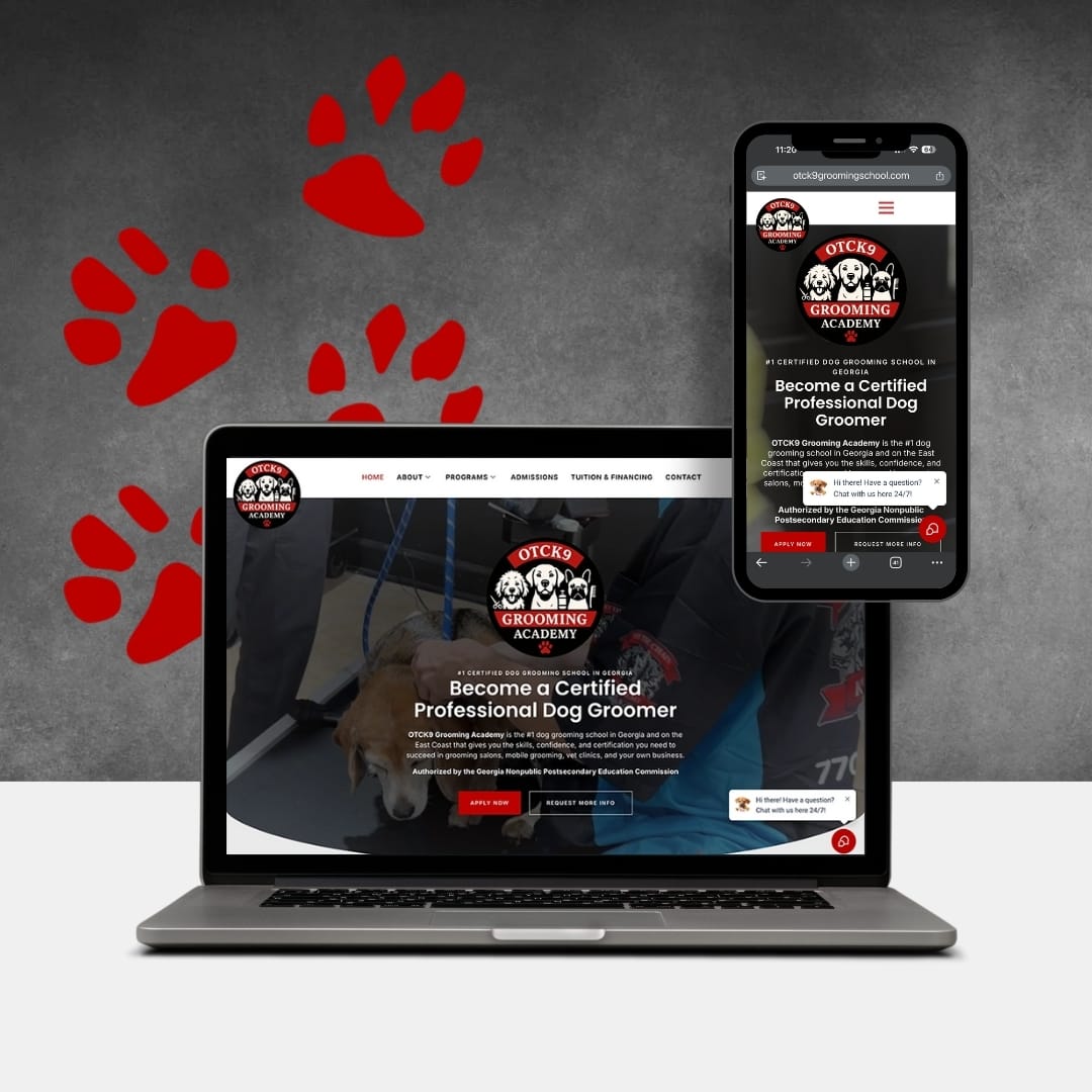 Marietta Web Design and SEO Company 2 A laptop and smartphone display the OTCK9 Grooming School website, set against a gray background with red dog paw prints, showcasing the latest in dog grooming education.