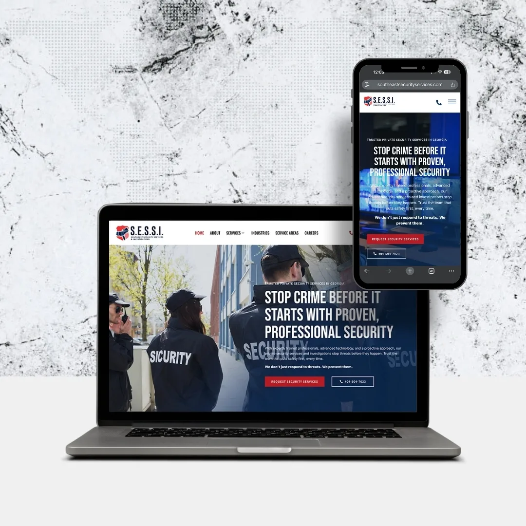A laptop and smartphone display the Southeast Security company website homepage, featuring security personnel and the slogan, "Stop crime before it starts with proven, professional security services.