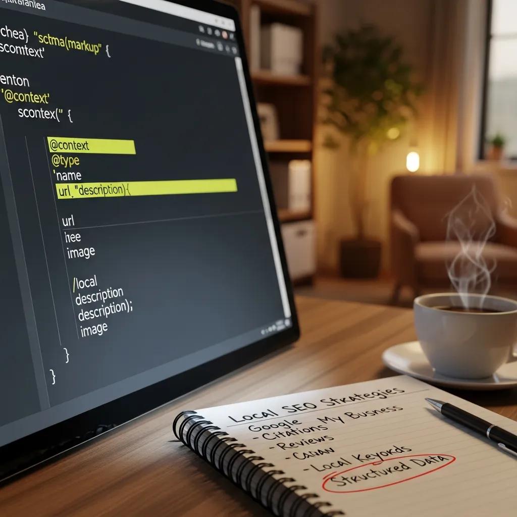 Computer screen showing schema markup code, highlighting its role in local SEO