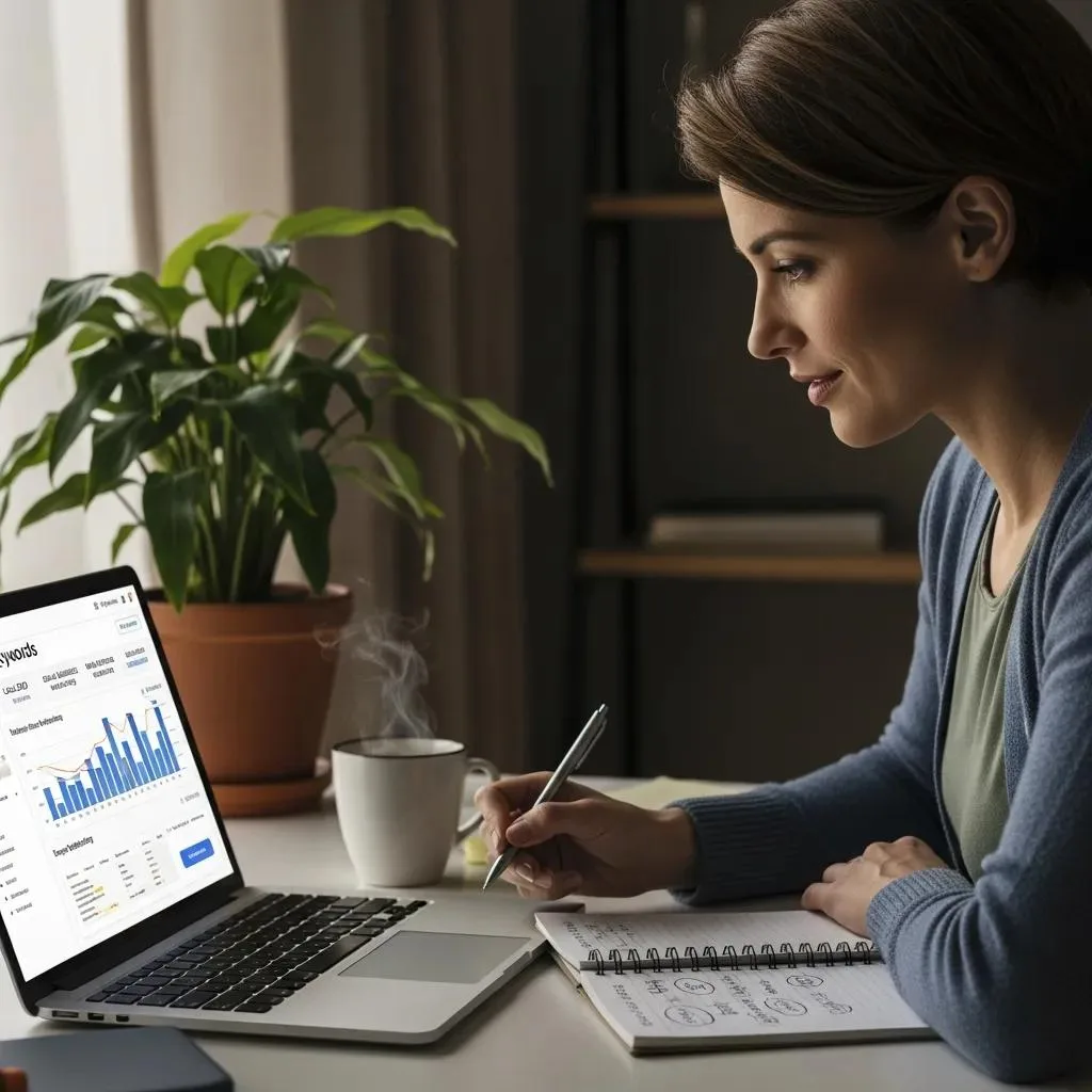 Small business owner analyzing SEO keywords on a laptop in a cozy office