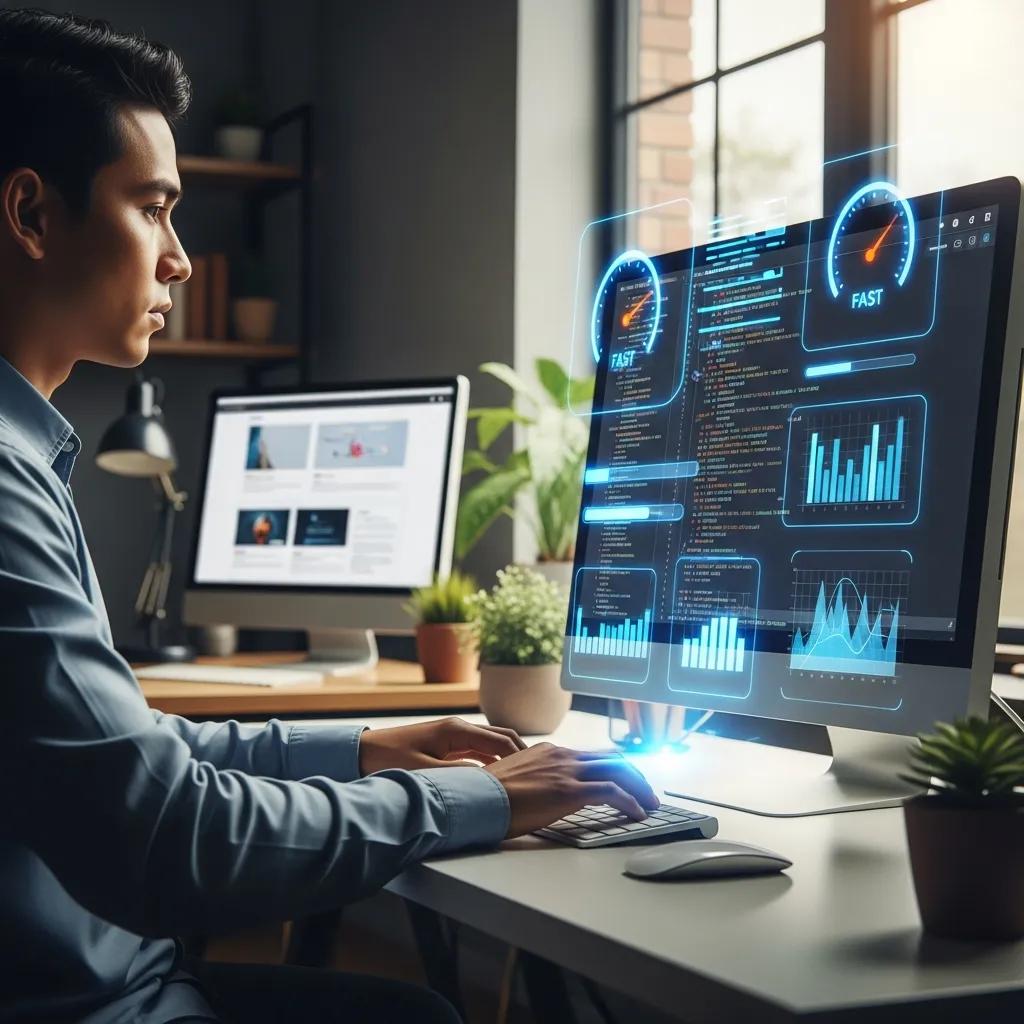 Web developer optimizing website speed with performance indicators in the background