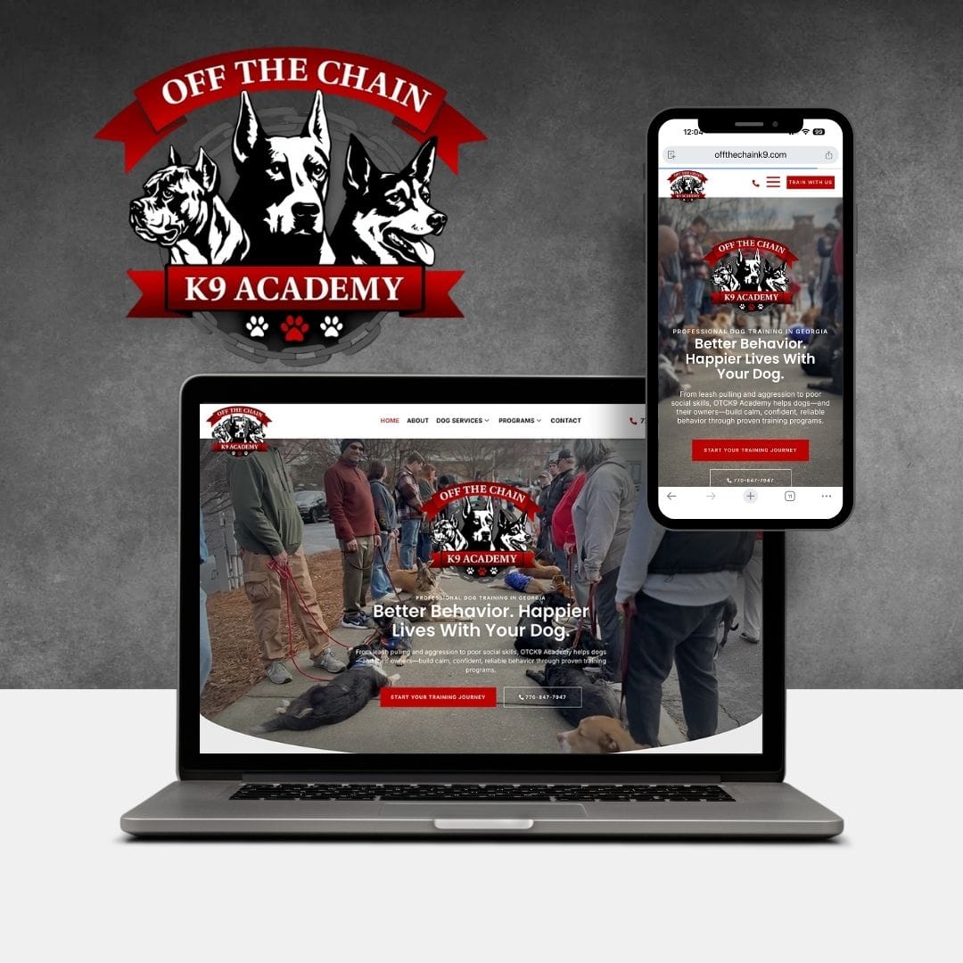 A laptop and smartphone display the Off The Chain K9 Academy website, highlighting a dog training class scene. The Off The Chain K9 Academy logo with three dogs is featured above the devices.