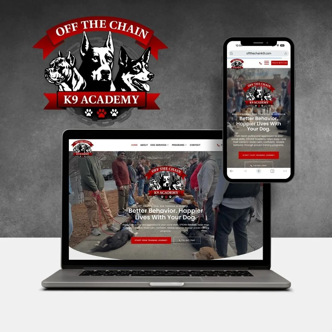 A laptop and smartphone display the Off The Chain K9 Academy website, highlighting a dog training class scene. The Off The Chain K9 Academy logo with three dogs is featured above the devices.