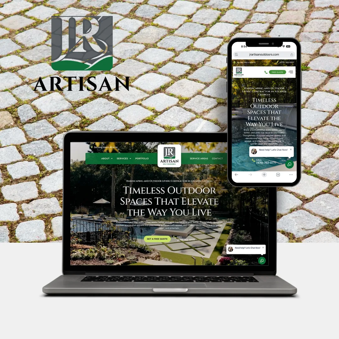 Laptop and smartphone displaying the JR Artisan Outdoors design website, with the brand logo above and a cobblestone background.