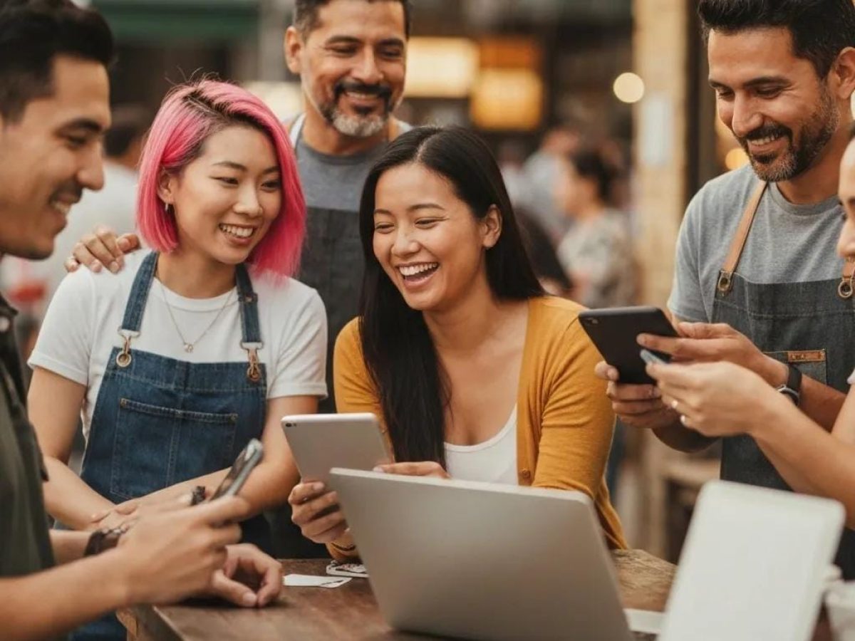 Diverse small business owners engaging with customers, highlighting user-generated content creation