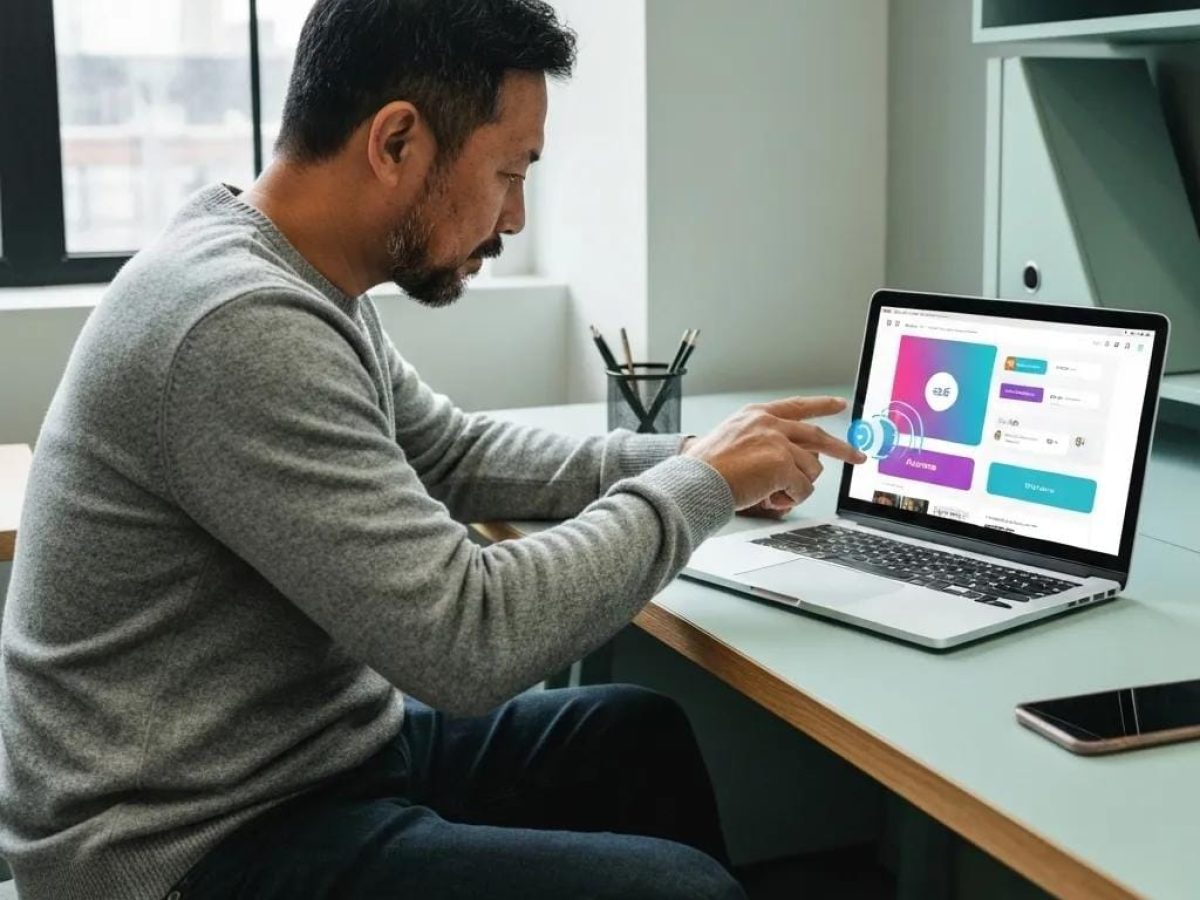 User engaging with a digital interface showcasing micro-interactions in a modern workspace