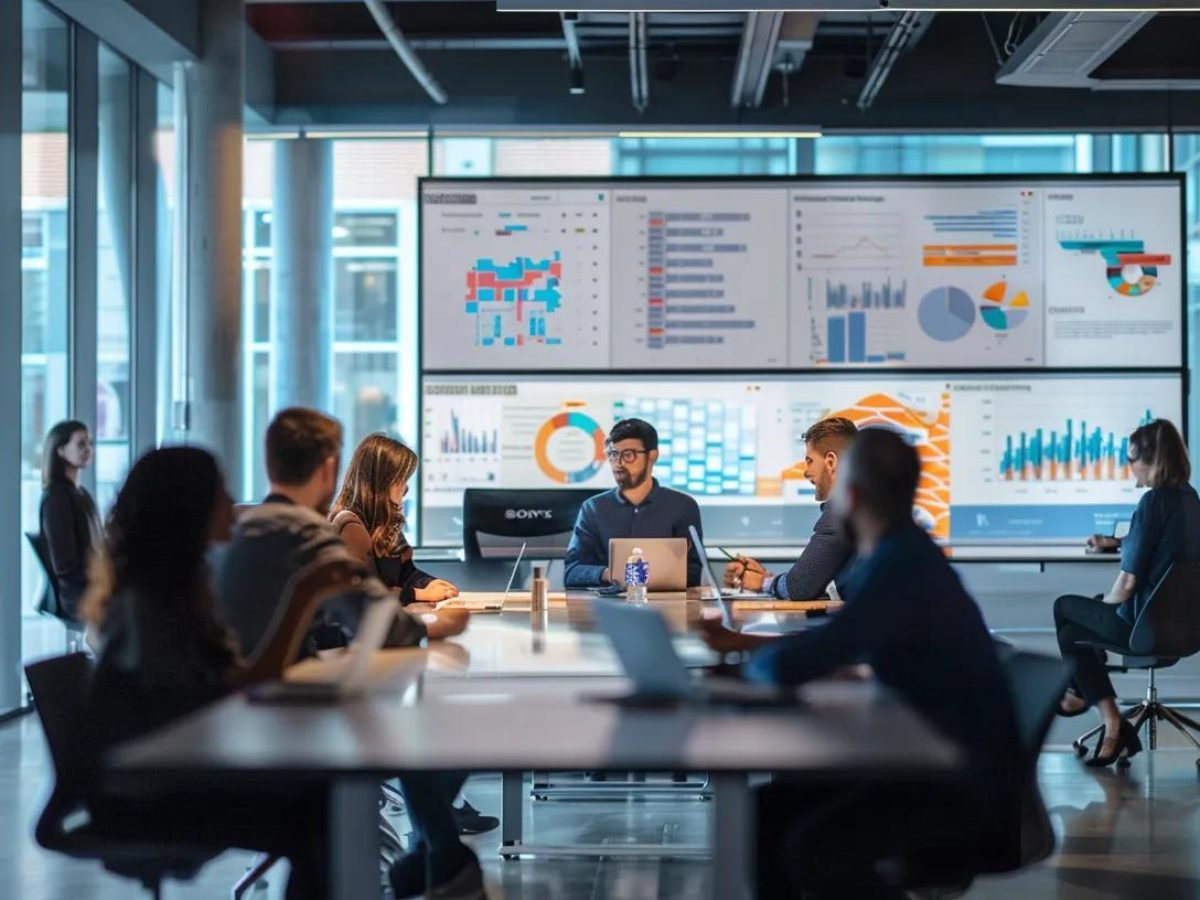 a dynamic office setting showcases a vibrant digital marketing brainstorm session, with team members engaging around a sleek conference table, surrounded by screens displaying interactive content analytics and creative visuals.