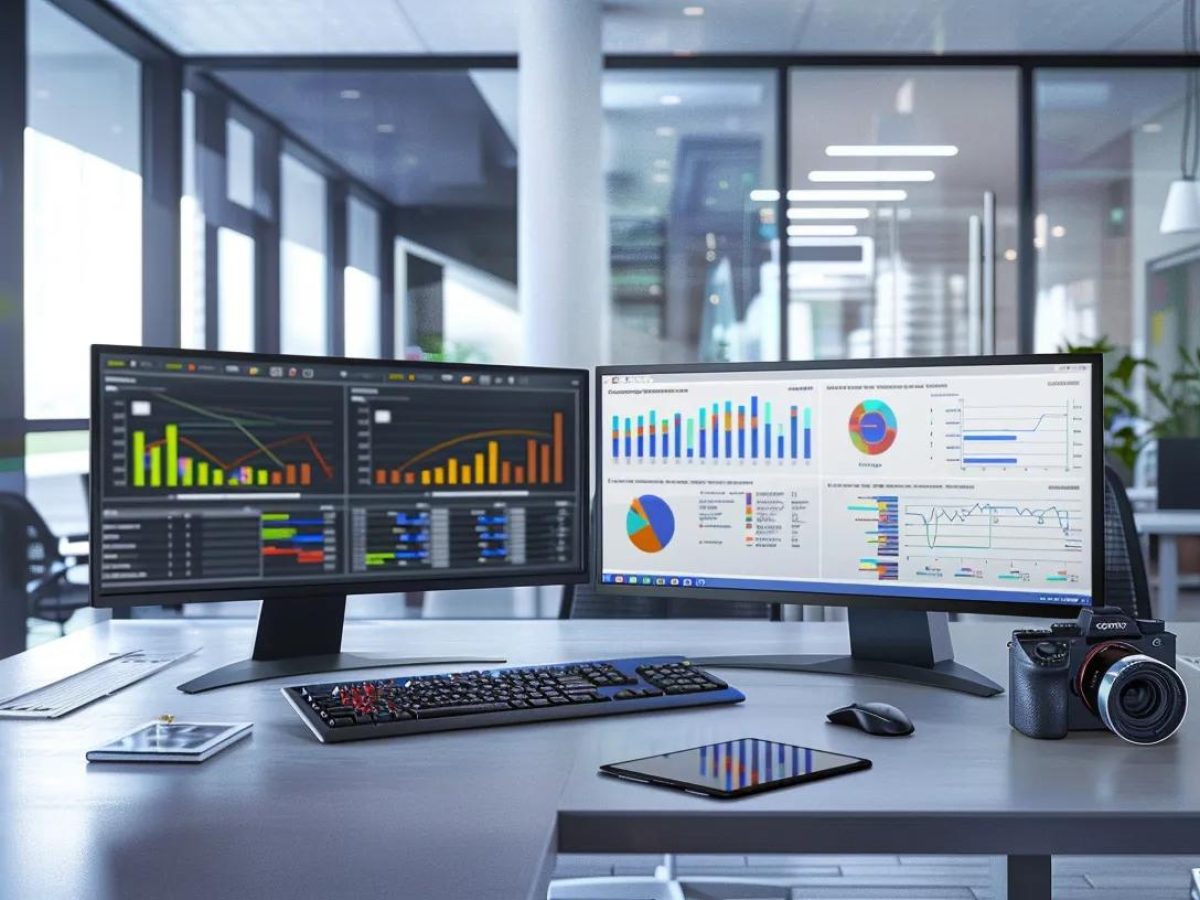 a modern office space features a sleek workstation with dual monitors displaying intricate schema markup diagrams, surrounded by vibrant charts and analytics, illustrating the impact of enhanced seo strategies on digital visibility.