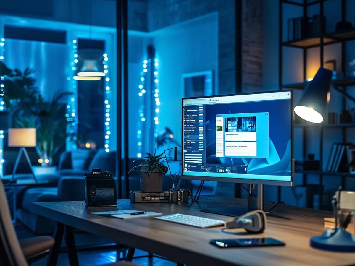 a sleek, modern office workspace illuminated by ambient blue and gray lighting, showcasing a large monitor displaying a visually striking website in dark mode, emphasizing the shift towards contemporary design and user experience.