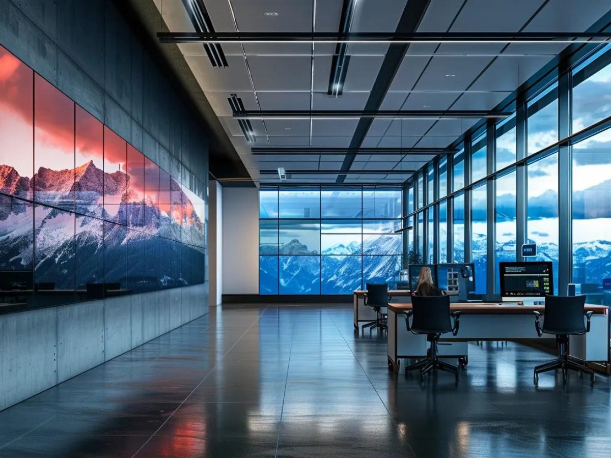 a sleek, modern office space showcases a large screen displaying vibrant video backgrounds accompanied by clear, striking graphics highlighting key dos and don'ts for effective website design.