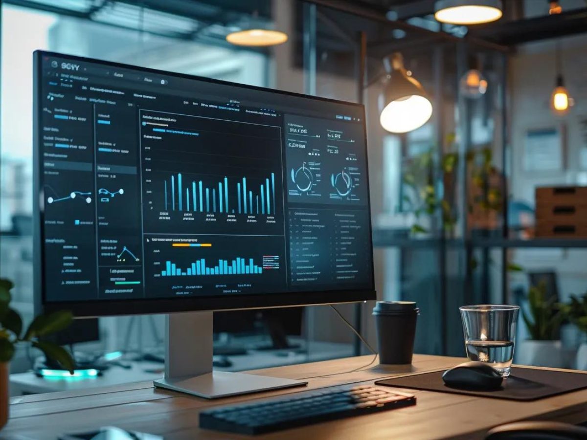 a sleek, modern office workspace features a high-performance computer setup displaying fast-loading wordpress site analytics on a vibrant screen, illuminated by focused overhead lighting that emphasizes a sense of efficiency and technological advancement.