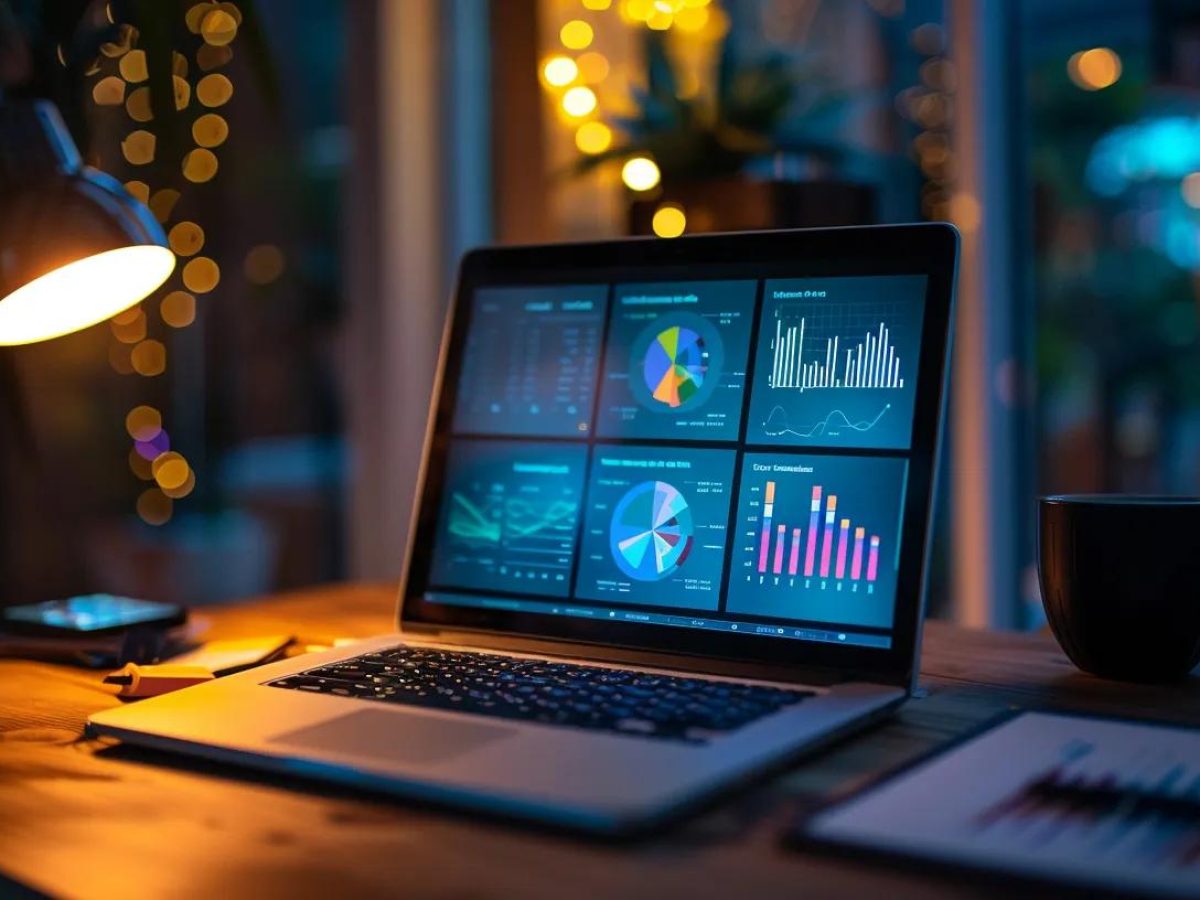 a focused office setting showcases a sleek laptop displaying a vibrant website dashboard, with infographics and analytics on screen, illuminated by modern task lighting, emphasizing the theme of strategic website management for enhanced seo performance.