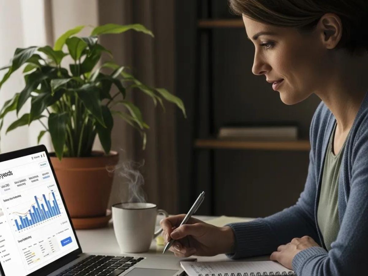 Small business owner analyzing SEO keywords on a laptop in a cozy office