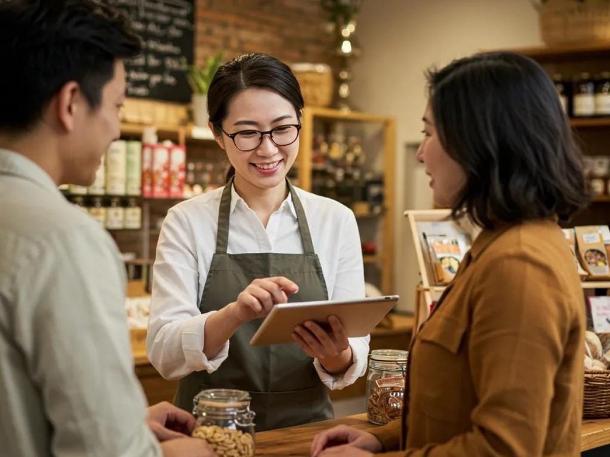 Small business owner assisting a customer with a tablet, illustrating the blend of human touch and AI in marketing