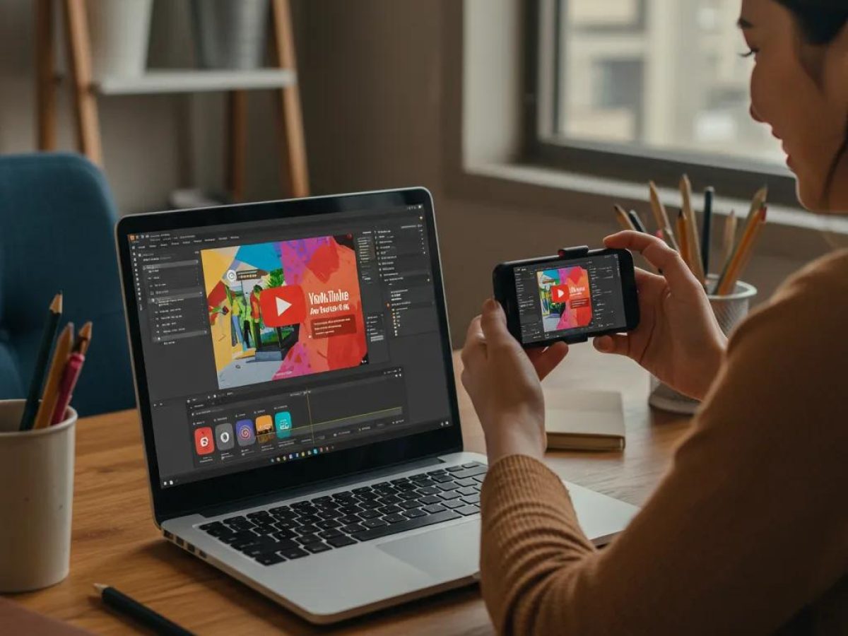 Small business owner filming a YouTube ad in a cozy workspace with a laptop and smartphone