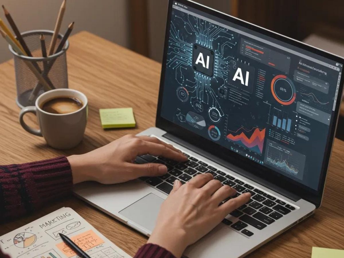 Small business owner utilizing AI marketing tools in a cozy office environment