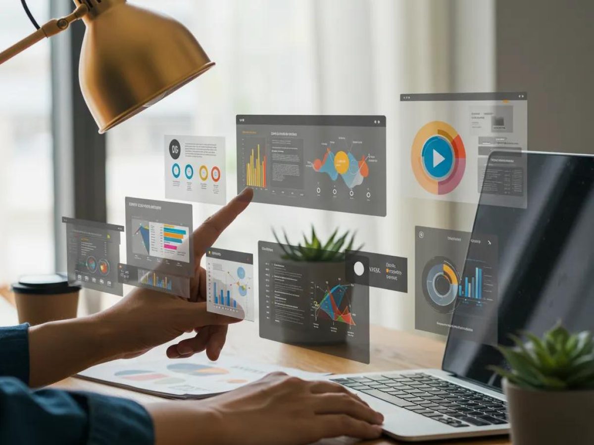 Person interacting with digital marketing analytics on a laptop in a modern workspace, showcasing visual content marketing tools for small business growth.