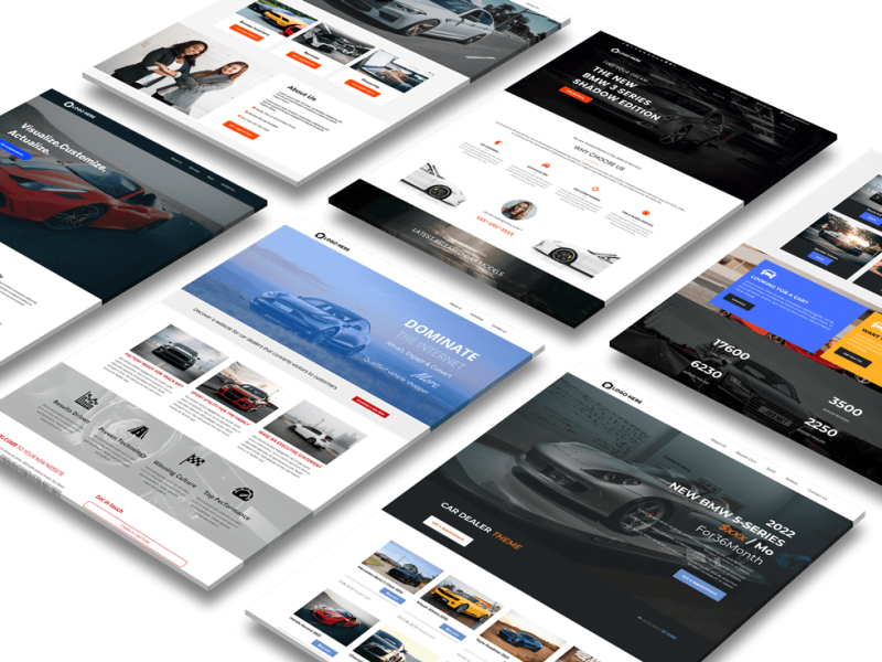 Collage of automotive website landing pages showcasing various designs and features for automotive shops, emphasizing conversion optimization and user experience.